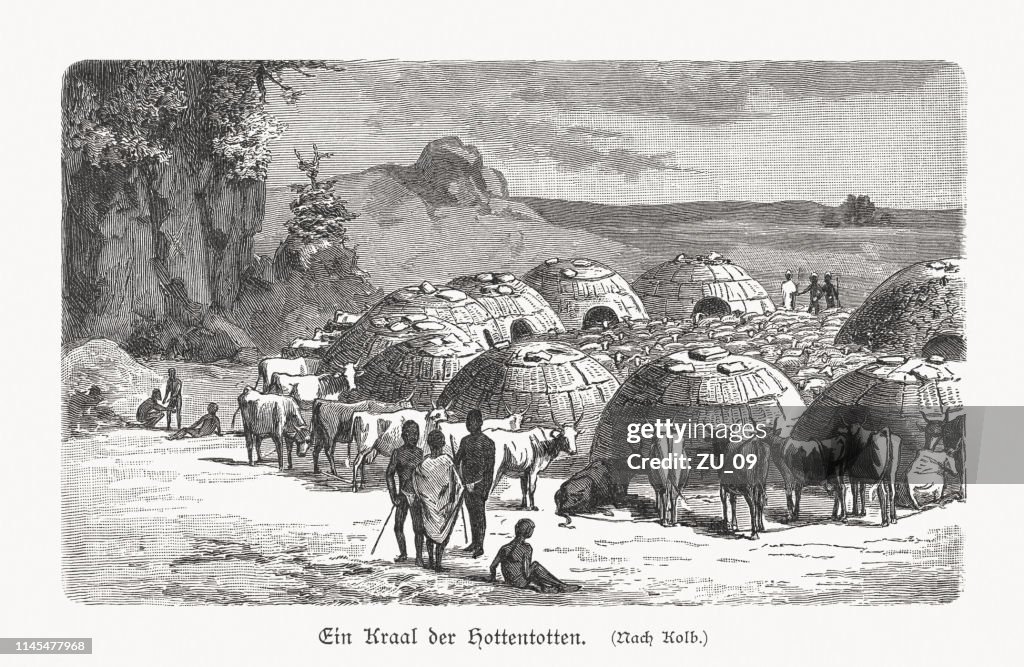 Khoikhoi (Hottentots) kraal in Southern Africa, wood engraving, published 1897
