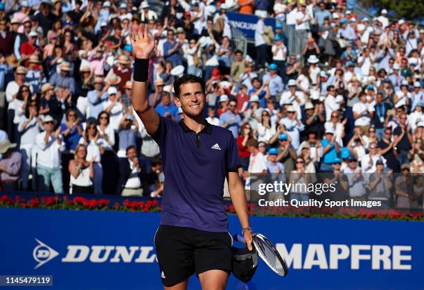 Dominic Thiem of Austria acknowledges the fans after winning during his Men's round of semi-final match against Rafael Nadal of Spain on day six of...