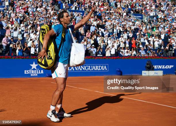 Rafael Nadal of Spain acknowledges the fans after losing during his Men's round of semi-final match against Dominic Thiem of Austria on day six of...