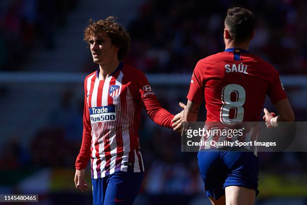 Antoine Griezmann of Atletico de Madrid and Saul Niguez of Atletico de Madrid during the La Liga match between Club Atletico de Madrid and Real...