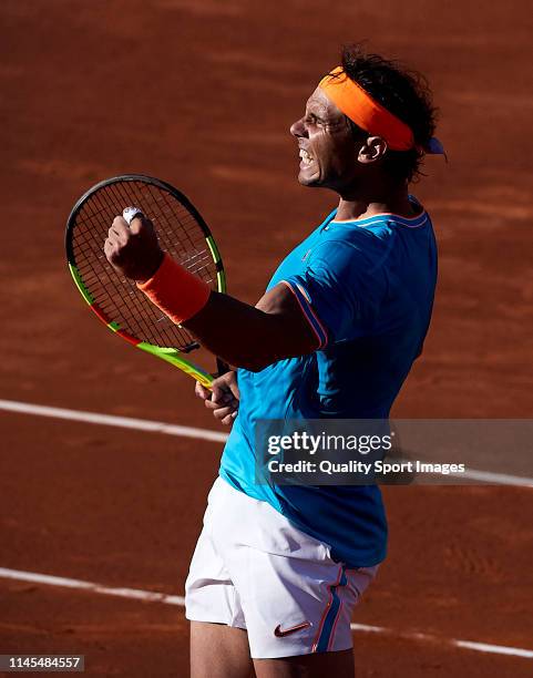 Rafael Nadal of Spain returns a shot during his Men's semi-finals match against Dominic Thiem of Austria on day six of the Barcelona Open Banc...