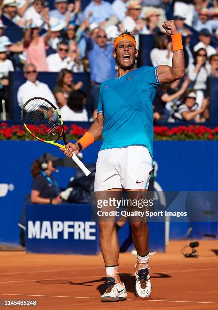 Rafael Nadal of Spain celebrates a point during his Men's round of semi-final match against Dominic Thiem of Austria on day six of the Barcelona Open...