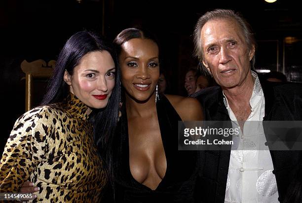 Julie Dreyfus, Vivica A. Fox and David Carradine during "Kill Bill Vol. 1" Premiere - Red Carpet at Grauman's Chinese Theater in Hollywood,...