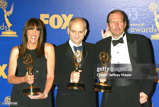 Robin Green, David Chase and Mitchell Burgess with their Emmys for Outstanding Writing for a Drama Series for "The Sopranos" at the 55th Annual Emmy...