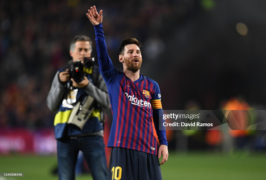 Lionel Messi of FC Barcelona celebrates as his team win the La Liga
