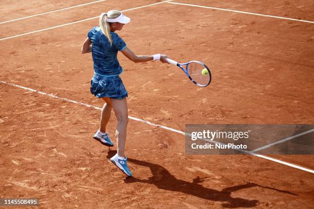 Czech Republic's Denisa Allertova in action during her women's singles of the first qualifications round of Roland Garros against Kristina Kucova of...