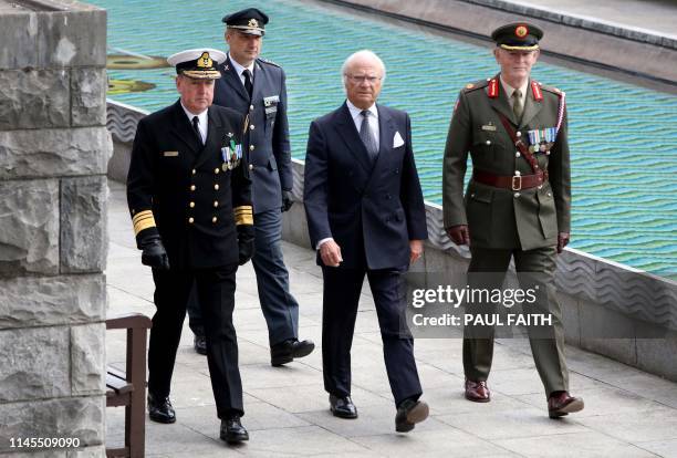 Sweden's King Carl XVI Gustaf arrives to lay a wreath in the Garden of Remembrance in Dublin on May 22 on the first day of a three-day State Visit to...