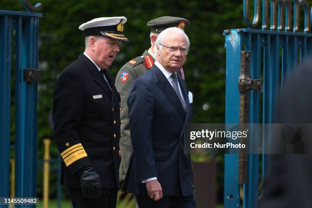 King Carl XVI Gustaf of Sweden ast the end of a wreath laying ceremony at the Garden of Remembrance in Dublin on Day One of the state visit to the...