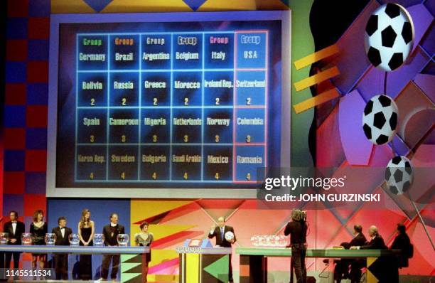 General Secretary Joseph Blatter stands below the board showing the final group breakdowns after the 1994 World Cup Final Draw ceremonies in Las...