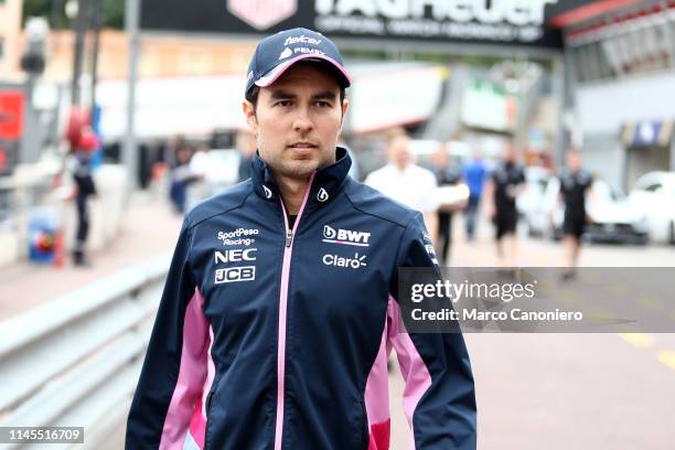 Sergio Perez of SportPesa Racing Point F1 Team in the paddock during previews ahead of the F1 Grand Prix of Monaco.