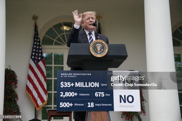 President Donald Trump speaks about Robert Mueller's investigation into Russian interference in the 2016 presidential election in the Rose Garden at...