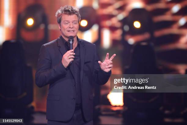 Host Oliver Geissen gestures during the season 16 finals of the tv competition show "Deutschland sucht den Superstar" at Coloneum on April 27, 2019...