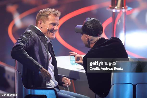 Jury members Dieter Bohlen and Pietro Lombardi gesture during the season 16 finals of the tv competition show "Deutschland sucht den Superstar" at...