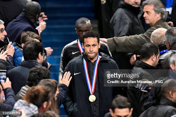 Neymar Jr of Paris Saint-Germain looks on as he walks down the tribune after loosing the French Cup Final match against Stade Rennais at Stade de...