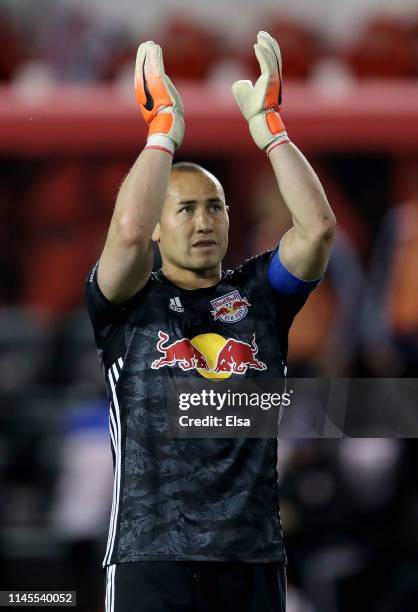 Luis Robles of New York Red Bulls celebrates the win over the FC Cincinnati at Red Bull Arena on April 27, 2019 in Harrison, New Jersey.The New York...