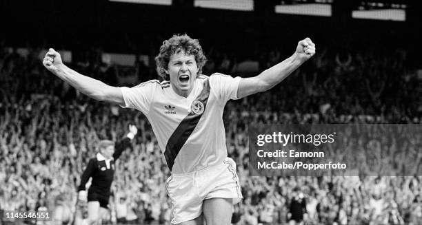 Clive Allen of Crystal Palace celebrates after scoring a hat-trick during the Football League Division One match between Crystal Palace and...