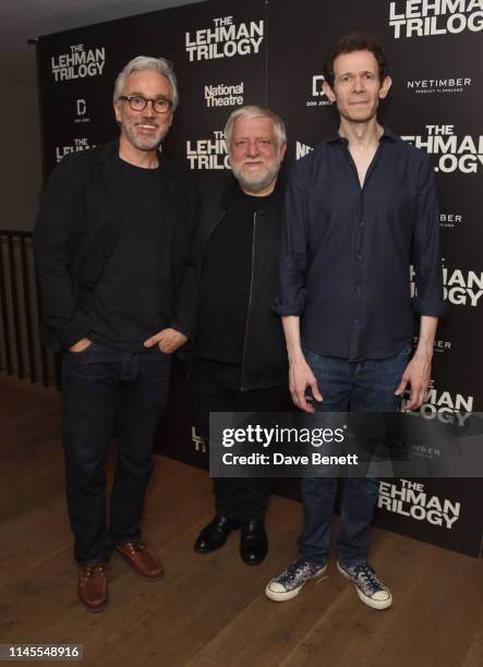 Cast members, Ben Miles, Simon Russell Beale and Adam Godley attend the press night after party for "The Lehman Trilogy" at The Ham Yard Hotel on May...