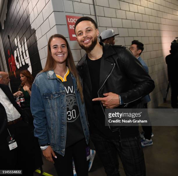 Stephen Curry of the Golden State Warriors poses for a photo with Oregon Ducks Basketball player, Sabrina Ionescu, after advancing to the NBA Finals...