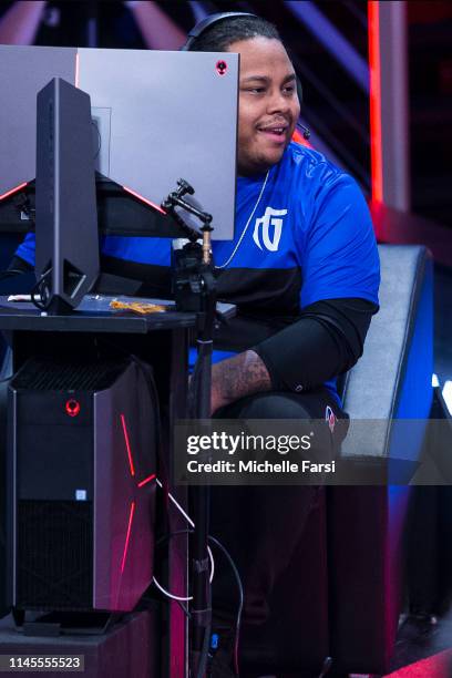 Dimez of Mavs Gaming reacts to play against Bucks Gaming during Week 6 of the NBA 2K League regular season on May 22, 2019 at the NBA 2K Studio in...