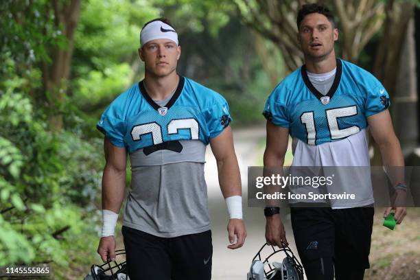 Christian McCaffrey running back of Carolina and Chris Hogan wide receiver of Carolina during an OTA practice on May 22 at the Carolina Panthers...