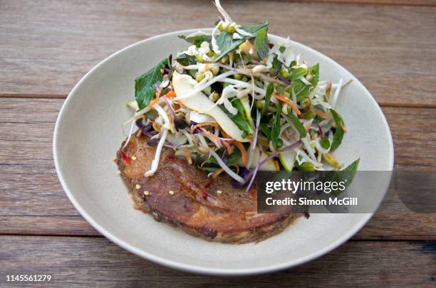 slice of pork shoulder with a vietnamese-style salad of cabbage, sprouts, pear, mint and herbs and nuoc mam cham dressing - vietnamese mint stock pictures, royalty-free photos & images