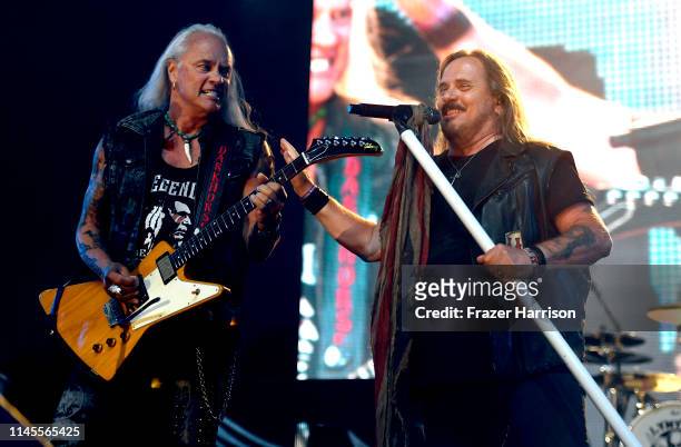 Rickey Medlocke and Johnny Van Zant of Lynyrd Skynyrd perform onstage during the 2019 Stagecoach Festival at Empire Polo Field on April 27, 2019 in...