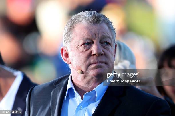 Commentator Phil Gould during the round 7 NRL match between the Newcastle Knights and Parramatta Eels at McDonald Jones Stadium on April 28, 2019 in...