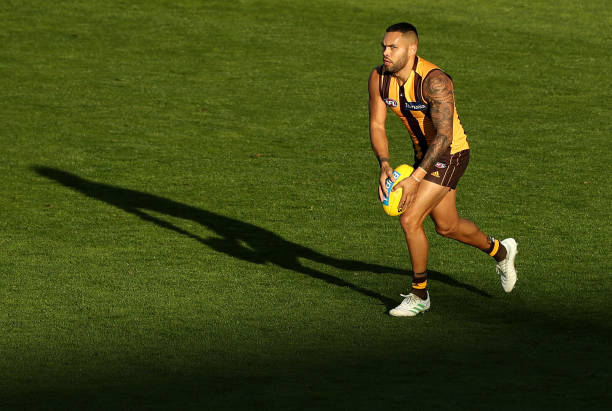 Jarman Impey of the Hawks runs with the ball during the round 6 AFL match between Hawthorn and Carlton at University of Tasmania Stadium on April 28,...