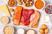 Sources of healthy protein - meat, fish, dairy products, nuts, legumes, and grains
