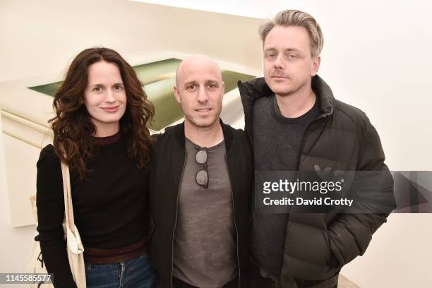 Elizabeth Reaser, Bruce Gilbert and Carter Mull attend the opening of Robert Russell's "Book Paintings" exhibition at Anat Ebgi Gallery on April 27,...