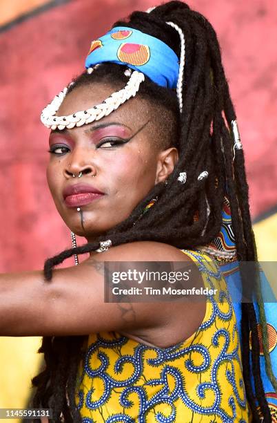 Dobet Gnahore performs during the 2019 New Orleans Jazz & Heritage Festival 50th Anniversary at Fair Grounds Race Course on April 27, 2019 in New...