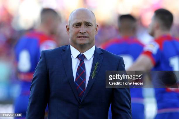 Nathan Brown coach of the Newcastle Knights during the round 7 NRL match between the Newcastle Knights and Parramatta Eels at McDonald Jones Stadium...