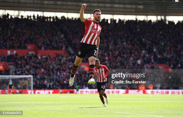 Southampton player Shane Long celebrates after scoring the first goal during the Premier League match between Southampton FC and AFC Bournemouth at...