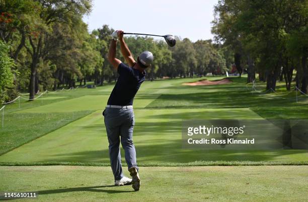 Edoardo Molinari of Italy tees off on the 6th hole during Day Four of the Trophee Hassan II at Royal Golf Dar Es-Salam on April 28, 2019 in Rabat,...