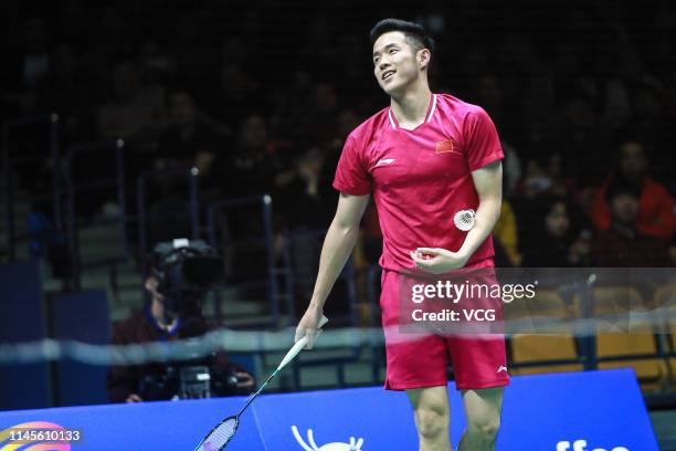 He Jiting of China reacts in the Mixed Doubles final match against Huang Dongping and Wang Yilyu of China on day six of the Asian Badminton...