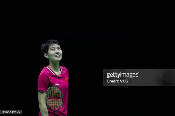 Du Yue of China reacts in the Mixed Doubles final match against Huang Dongping and Wang Yilyu of China on day six of the Asian Badminton Championship...
