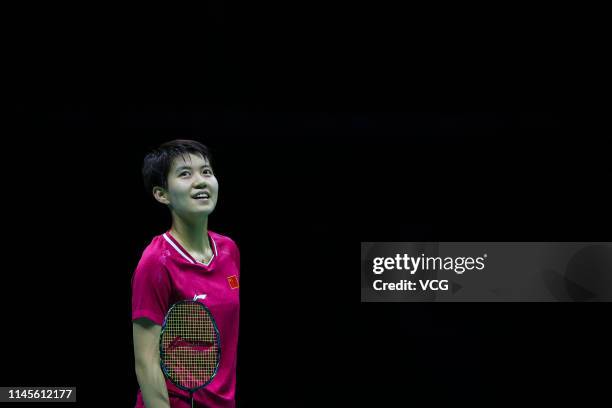 Du Yue of China reacts in the Mixed Doubles final match against Huang Dongping and Wang Yilyu of China on day six of the Asian Badminton Championship...