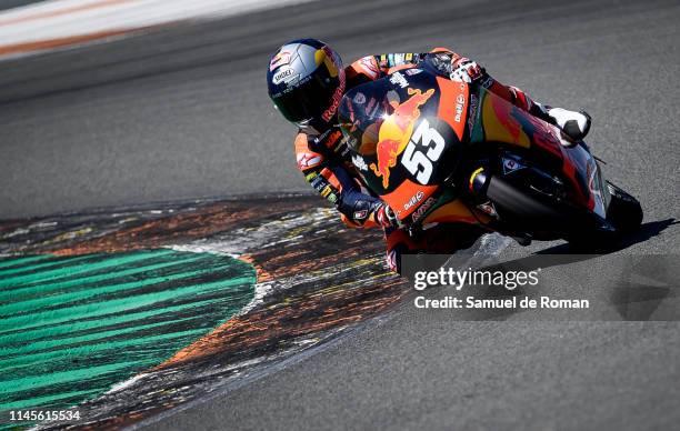 Rider Deniz Oncu of Turkey and Red bull KTM team Ajo Indonesia during the Moto3 Junior World Championship on April 28, 2019 in Valencia, Spain.