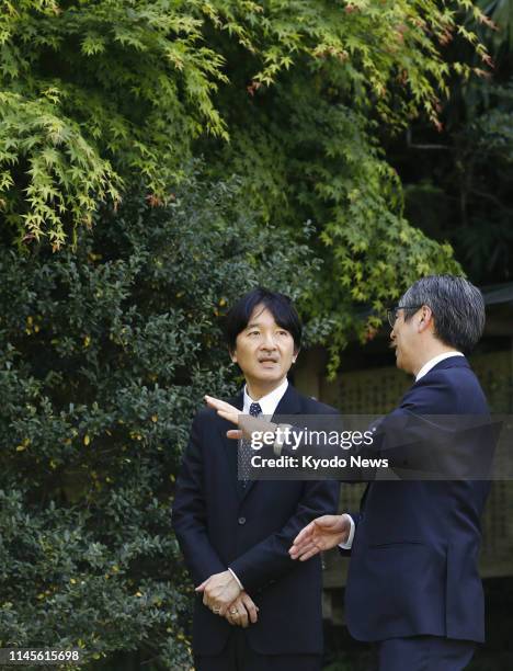 Japanese Crown Prince Fumihito visits the Tohoku University Botanical Gardens in Sendai in Miyagi Prefecture, northwestern Japan, on May 23, 2019....