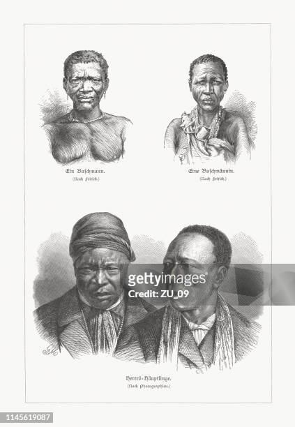 african native people: san people and herero chiefs, woodcuts, 1897 - south african people stock illustrations