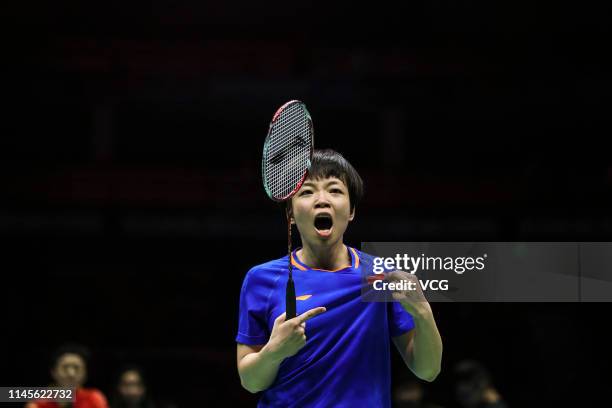 Chen Qingchen of China reacts in the Women's Doubles final match against Mayu Matsumoto and Wakana Nagahara of Japan on day six of the Asian...