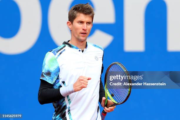 Yannick Maden of Germany celebrates winning a a point at his quaterfinal qualification match against Lukas Rosol of Czech Republic during day 2 of...