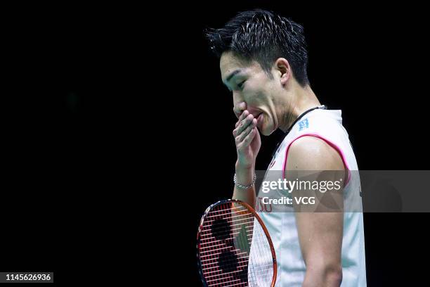 Kento Momota of Japan reacts in the Men's Singles final match against Shi Yuqi of China on day six of the Asian Badminton Championship 2019 at Wuhan...