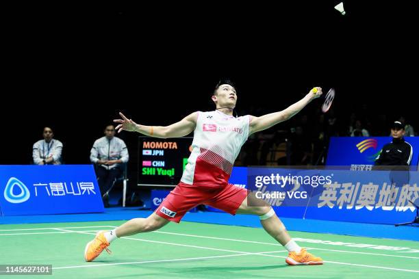 Kento Momota of Japan competes in the Men's Singles final match against Shi Yuqi of China on day six of the Asian Badminton Championship 2019 at...