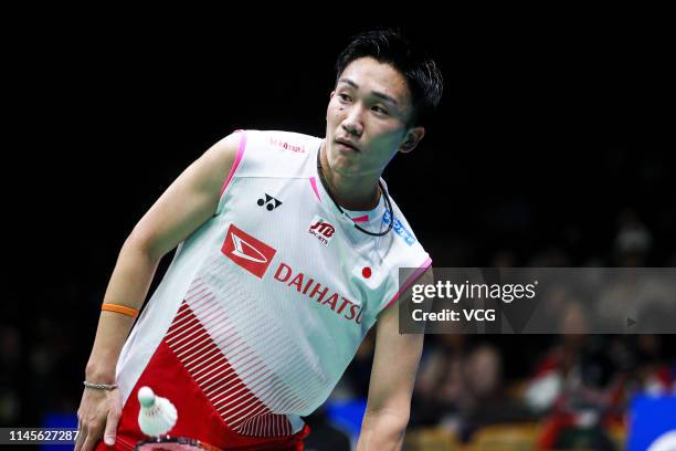 Kento Momota of Japan reacts in the Men's Singles final match against Shi Yuqi of China on day six of the Asian Badminton Championship 2019 at Wuhan...