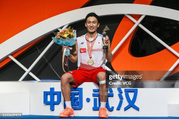 Kento Momota of Japan celebrates after the Men's Singles final match against Shi Yuqi of China on day six of the Asian Badminton Championship 2019 at...