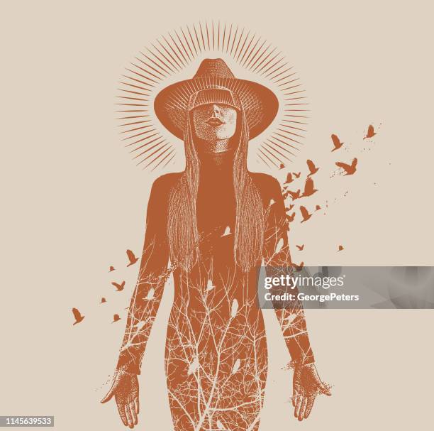multiple exposure of a beautiful woman using virtual reality headset to connect with nature - white crow stock illustrations