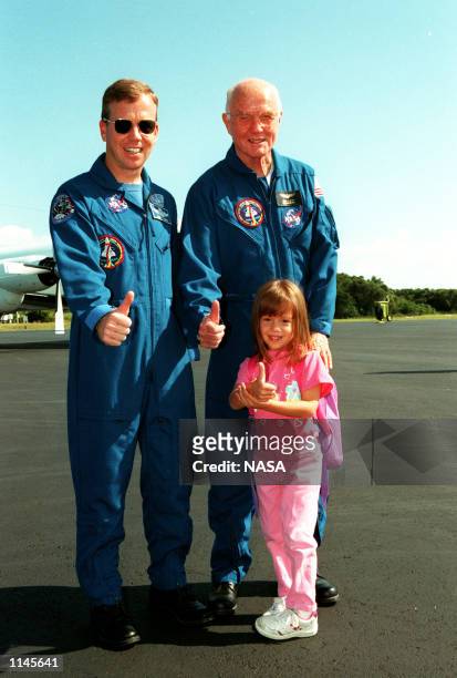 At the Skid Strip at Cape Canaveral Air Station, STS-95 Pilot Steven W. Lindsey , Lindsey's daughter, Jill, , and Payload Specialist John H. Glenn...