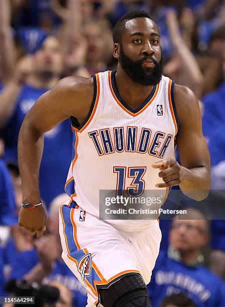 James Harden of the Oklahoma City Thunder reacts in the first half while taking on the Dallas Mavericks in Game Four of the Western Conference Finals...