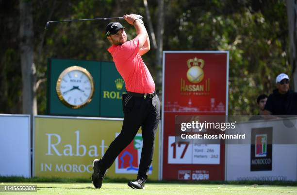 Jordan Smith of England tees off on the 17th hole during Day Four of the Trophee Hassan II at Royal Golf Dar Es-Salam on April 28, 2019 in Rabat,...